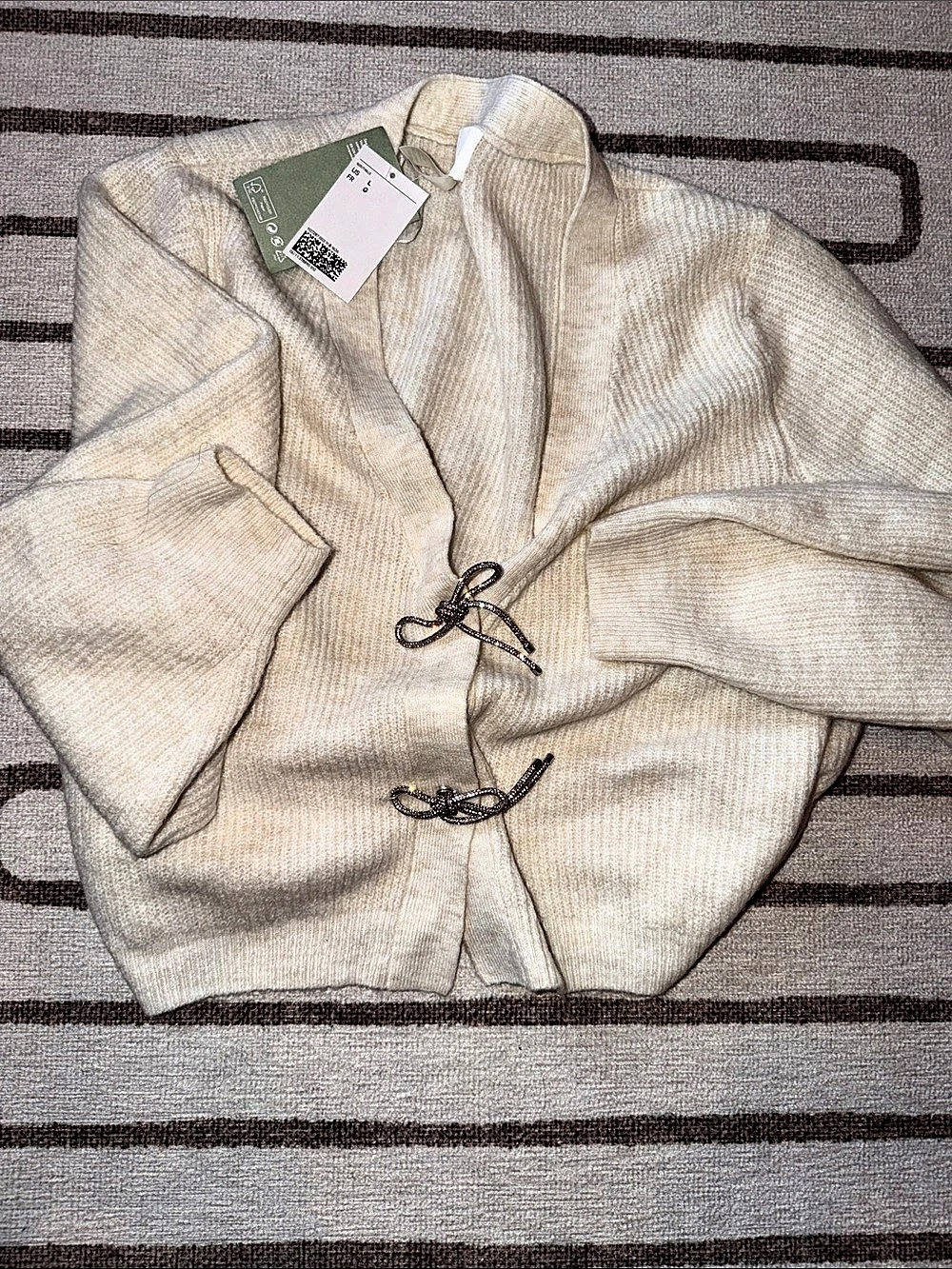 H&M Rhinestone-bow cardigan Cream Knit